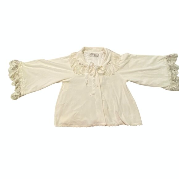 Ivory Cream Lace Collar Bed Jacket Floral Embroidery Romantic Cottagecore - Picture 7 of 11